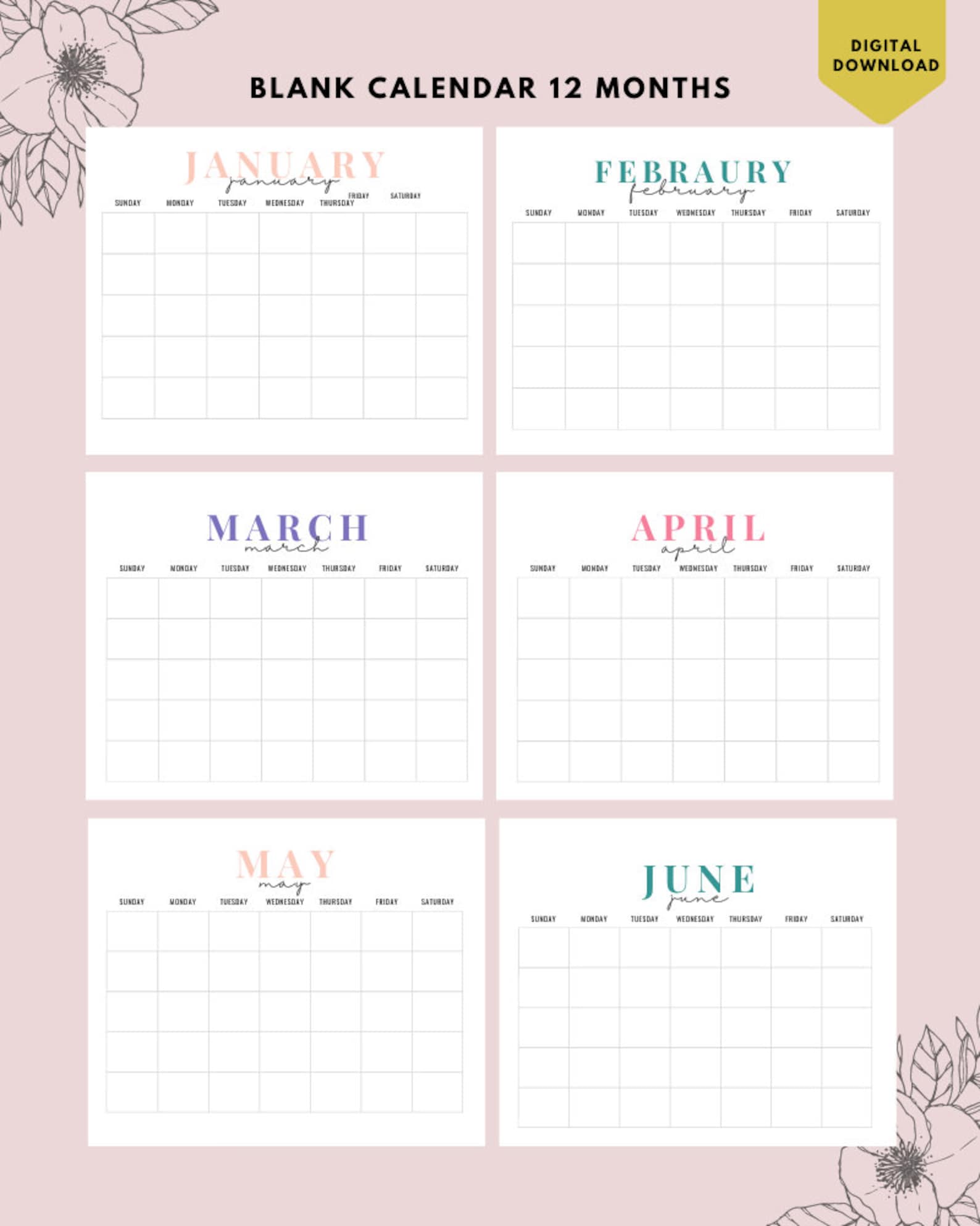 BLANK Monthly Calendar Landscape, Printable Calendar, Year Calendar ...