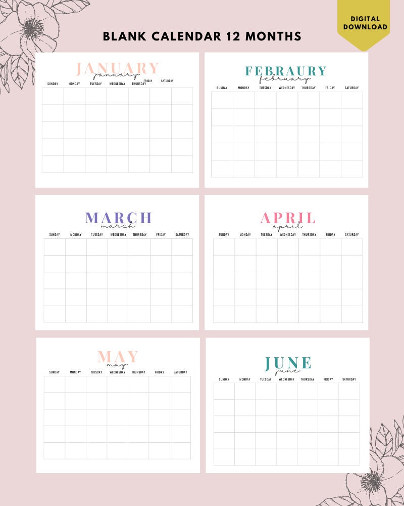 BLANK Monthly Calendar Landscape Printable Calendar Year - Etsy