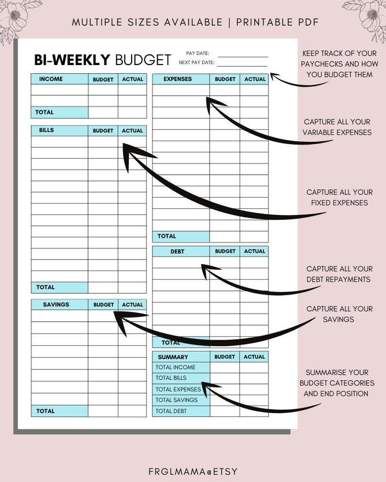 BI WEEKLY Budget Overview Template Printable Paycheck Budget Etsy