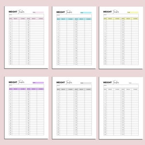 Op de afbeelding: Zes afdrukbare gewichtsvolgpagina's met verschillende kleurenschema's. Elke pagina heeft kolommen voor weeknummer, gewicht, verandering en notities. De pagina's zijn ontworpen om mensen te helpen hun gewichtsverlies te volgen.