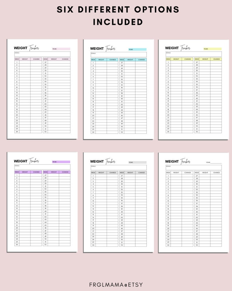 Op de afbeelding: Zes afdrukbare gewichtsvolgpagina's met verschillende kleurenschema's. Elke pagina heeft kolommen voor weeknummer, gewicht, verandering en notities. De pagina's zijn ontworpen om mensen te helpen hun gewichtsverlies te volgen.