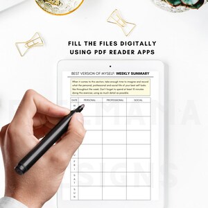 Puede incluir: Un planificador semanal con el t&iacute;tulo "Mejor versi&oacute;n de m&iacute; mismo: Resumen semanal". El planificador est&aacute; dividido en tres columnas: Fecha, Personal, Profesional y Social. El planificador est&aacute; dise&ntilde;ado para ayudar a los usuarios a realizar un seguimiento de sus actividades personales, profesionales y sociales durante la semana.