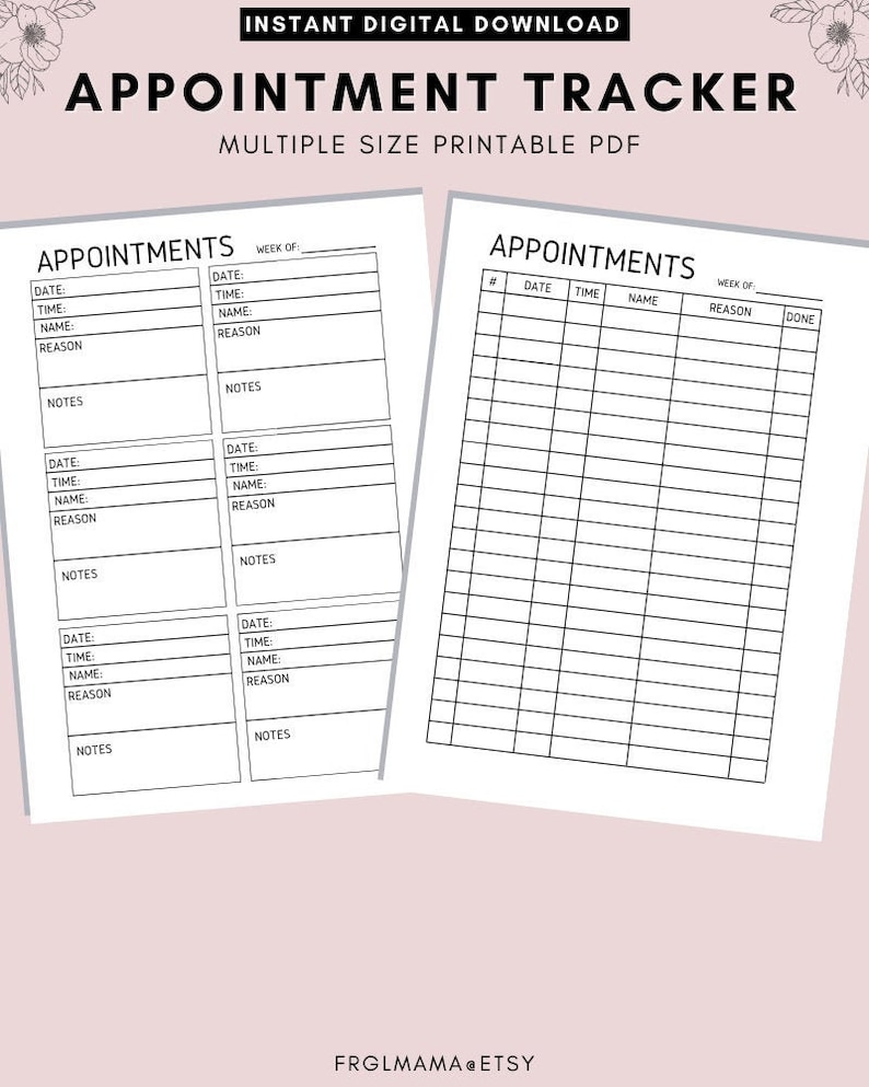 Appointment Tracker Printable Appointment Reminder Meeting - Etsy
