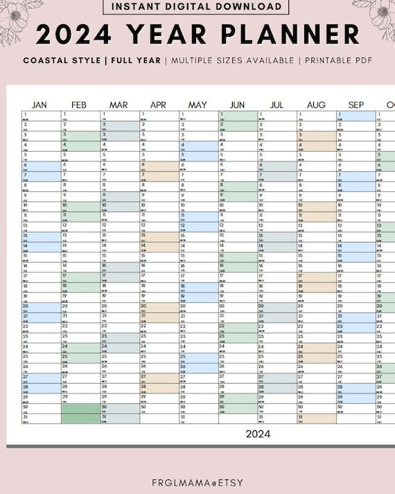 Full Year Calendar 2024, 2024 Monthly Planner, 2024 Rainbow Yearly Calendar,  Calendar Printable, 2024 Wall Planner, Wall Calendar 2024 - Etsy