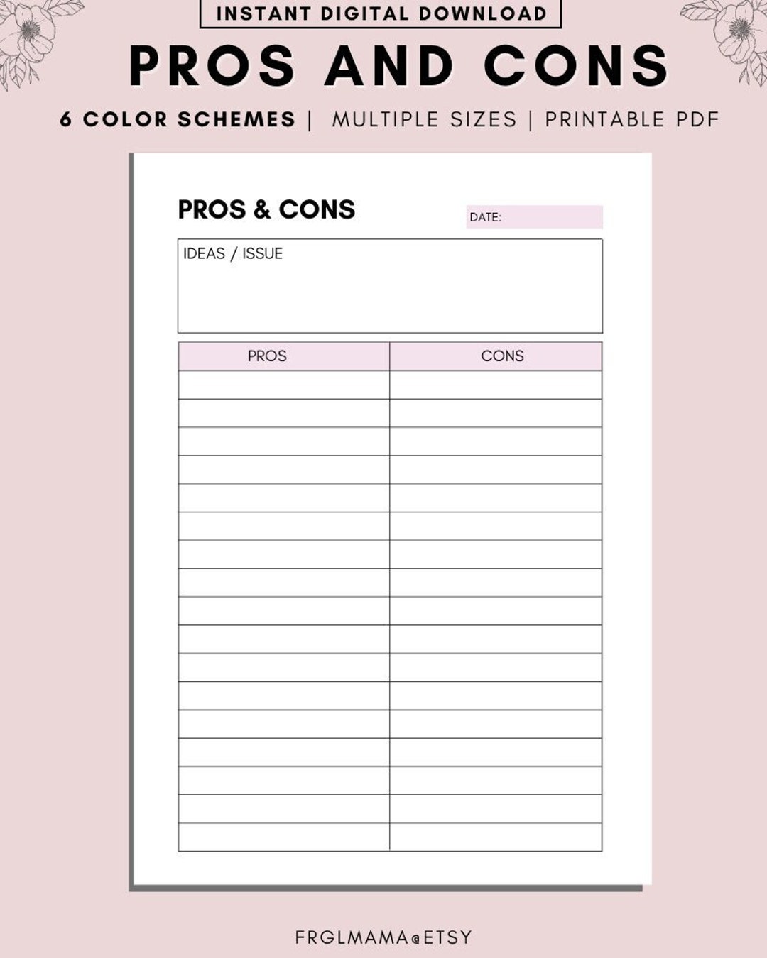 Printable Pros and Cons List, Instant Download, Print at Home Planner