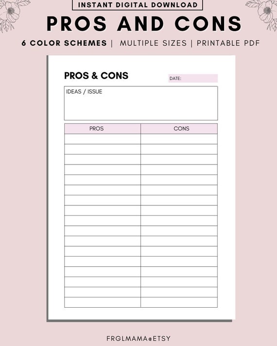 Printable Pros And Cons List Instant Download Print At Home Etsy Canada