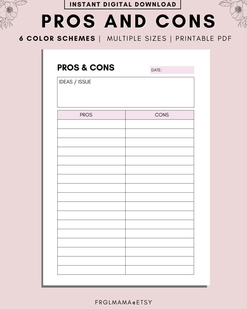 Printable Pros and Cons List Instant Download Print at Home Etsy UK Printable Pros and Cons List Instant Download Print at Home Etsy UK