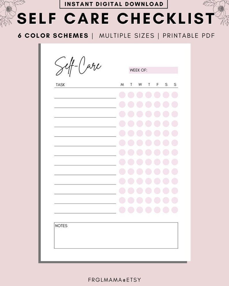 Puede incluir: Lista de verificaci&oacute;n de autocuidado imprimible con un esquema de color rosa y blanco. La lista de verificaci&oacute;n tiene una secci&oacute;n para tareas y notas, y una cuadr&iacute;cula para realizar un seguimiento de los h&aacute;bitos diarios. El texto "Self-Care" est&aacute; escrito en cursiva en la parte superior de la lista de verificaci&oacute;n.