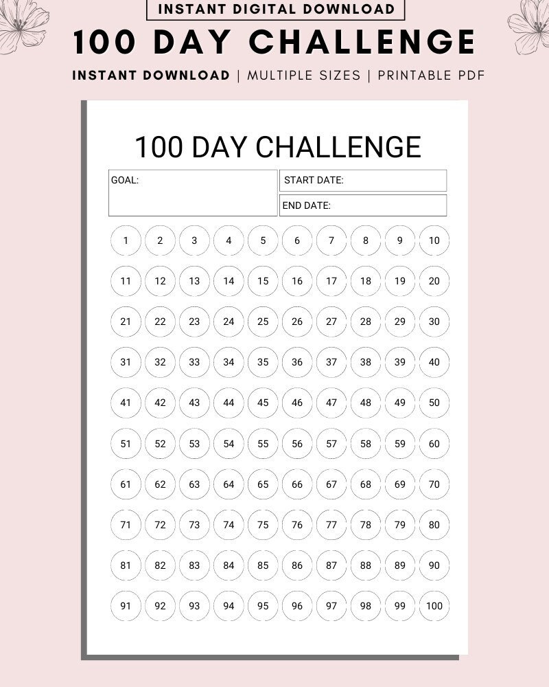 100 Day Challenge Printable Planner Countdown Calendar Fitness