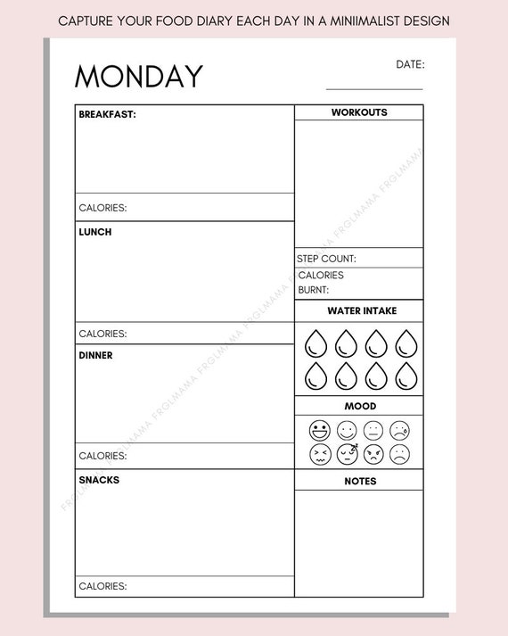 SEVEN DAY Daily Food Diary Printable, A4 A5 Printable Daily