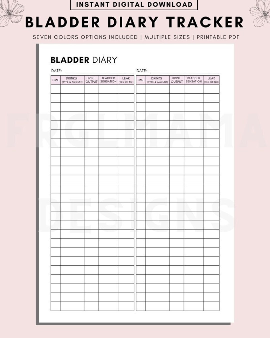 Bladder Diary Tracker Printable, Urination Events Features & Symptoms