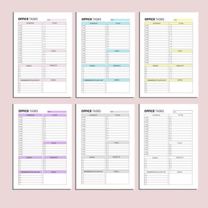 Op de afbeelding: Zes verschillende kleuropties van kantoortakenplanners worden getoond. Elke planner heeft een schema, een takenlijst en secties voor oproepen, e-mails, projecten, herinneringen en notities. De planners zijn in verschillende pastelkleuren.