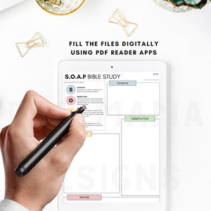 May include: A digital printable worksheet for a S.O.A.P Bible study. The worksheet has sections for Scripture, Observation, Application, and Prayer.
