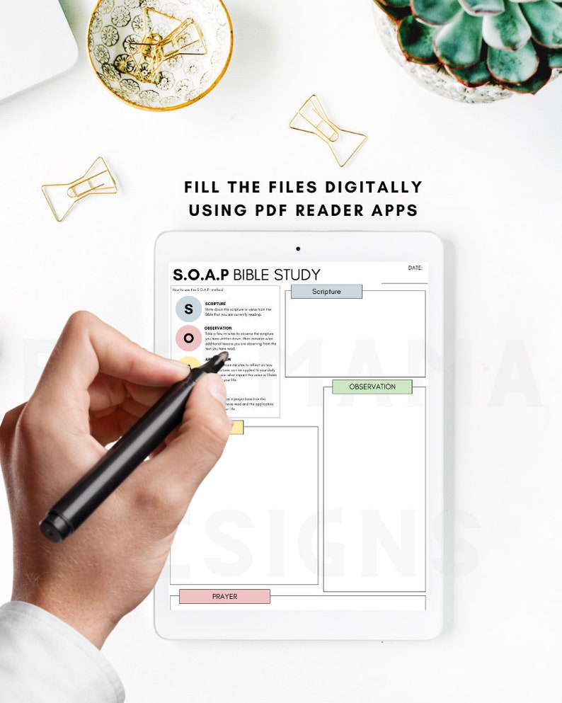 May include: A digital printable worksheet for a S.O.A.P Bible study. The worksheet has sections for Scripture, Observation, Application, and Prayer.