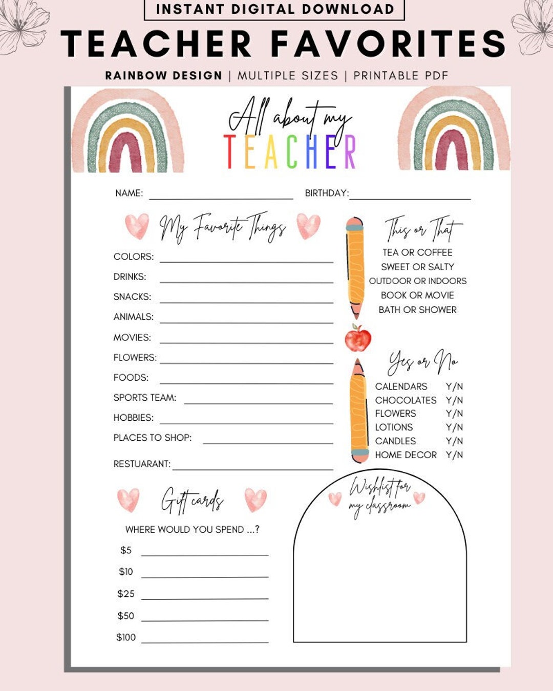 Teacher Favorites Questionnaire Back To School Printable digital Teacher Favorites Questionnaire Back To School Printable digital