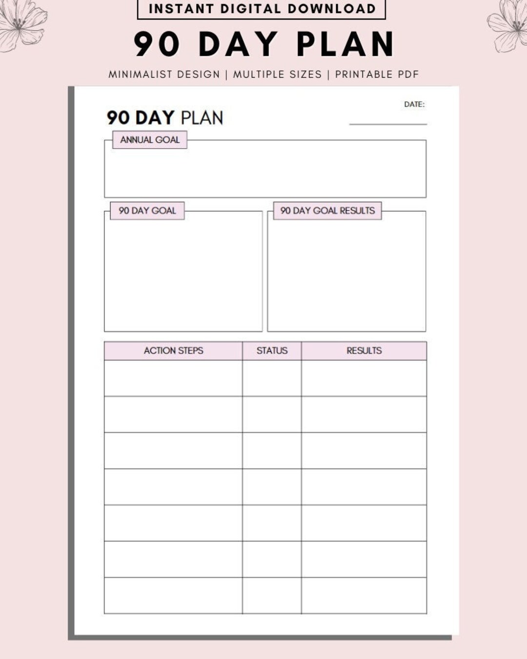 90 Day Plan Template, 90 Day Printable Planner, Countdown Calendar, Fitness Journal, Self Improvement, Weight Loss Challenge - Etsy