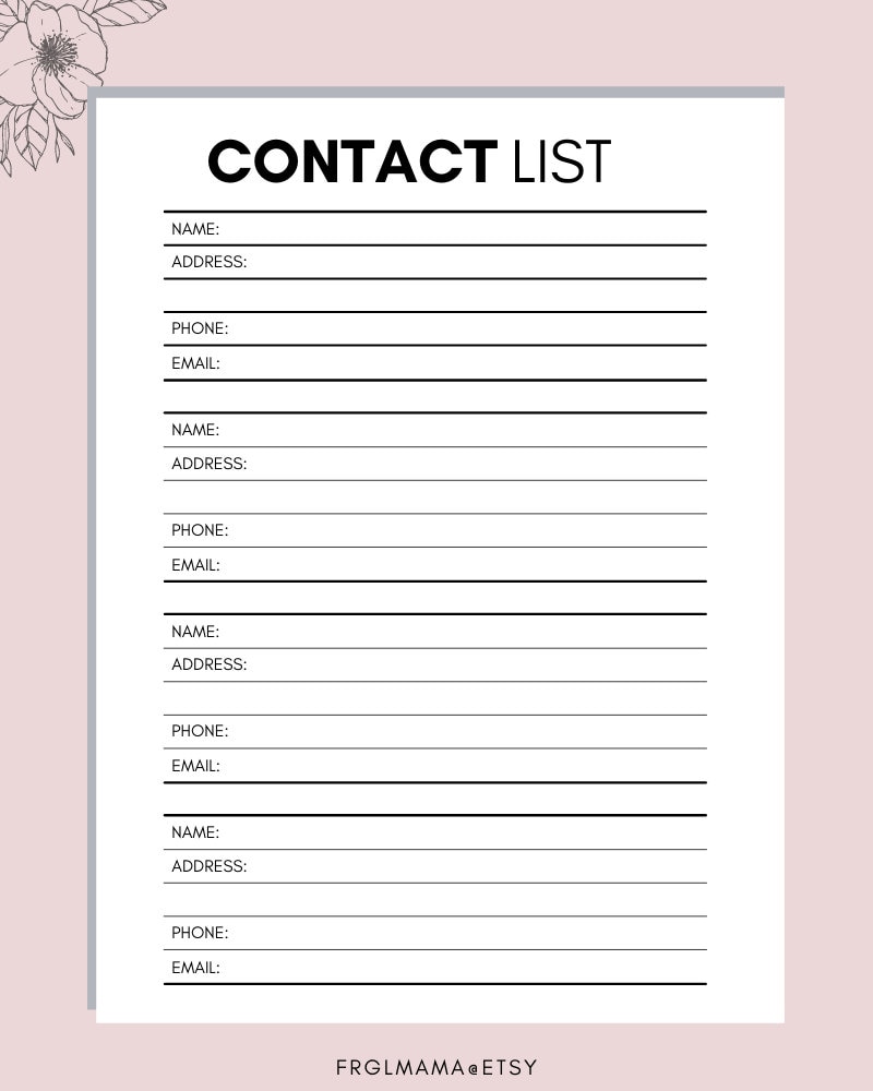 Printable Contact List & Address Book (letter Size PDF) - Etsy
