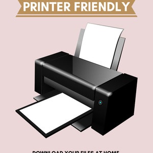 May include: A black printer with a white sheet of paper in the tray and another sheet of paper coming out of the printer. The text "PRINTER FRIENDLY" is on a brown banner above the printer. The text below the printer says "DOWNLOAD YOUR FILES AT HOME, AS AND WHEN YOU NEED THEM."