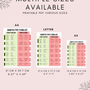 May include: Printable PDF food list for type 2 diabetes in three different sizes: A4 (8.27" x 11.69"), Letter (8.5" x 11"), and A5 (5.83" x 8.27"). The list is divided into two columns: foods to include and foods to avoid.