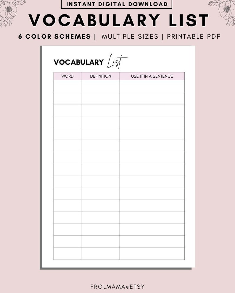 Puede incluir: Lista de vocabulario imprimible con columnas para la palabra, la definici&oacute;n y el uso en una oraci&oacute;n. La lista tiene un encabezado rosa y se titula "Lista de vocabulario".