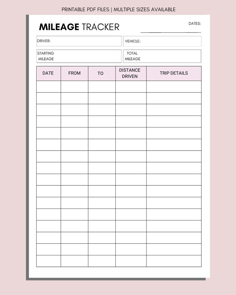 Distance Tracker Fill In Printable Mileage Tracker: Business & Work Trip Log (PDF Download) - Etsy