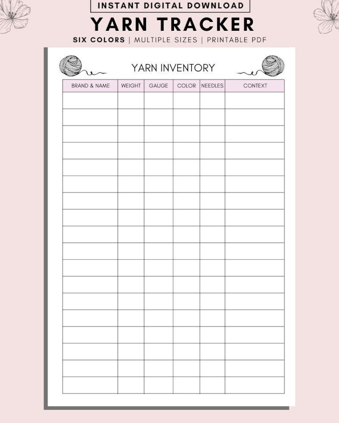 Yarn Inventory Printable, Knit & Crotchet Yarn Tracker, Yarn Inventory