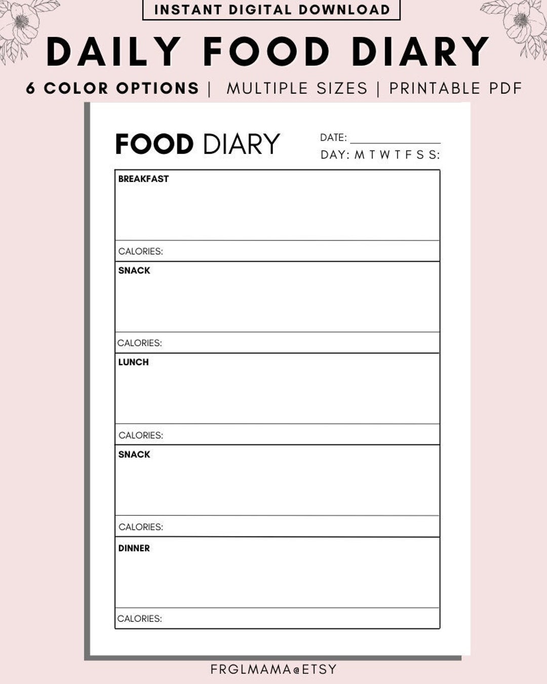 Daily Food Diary Printable, Minimalist Daily Calorie Tracker, A4 A5 ...