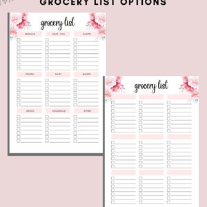May include: Two grocery list printables with floral accents. The lists are divided into categories like produce, meat/fish, pantry, frozen, dairy, bakery, drinks, household, and other. The text "PRE-FILLED AND EMPTY GROCERY LIST OPTIONS" is at the top.