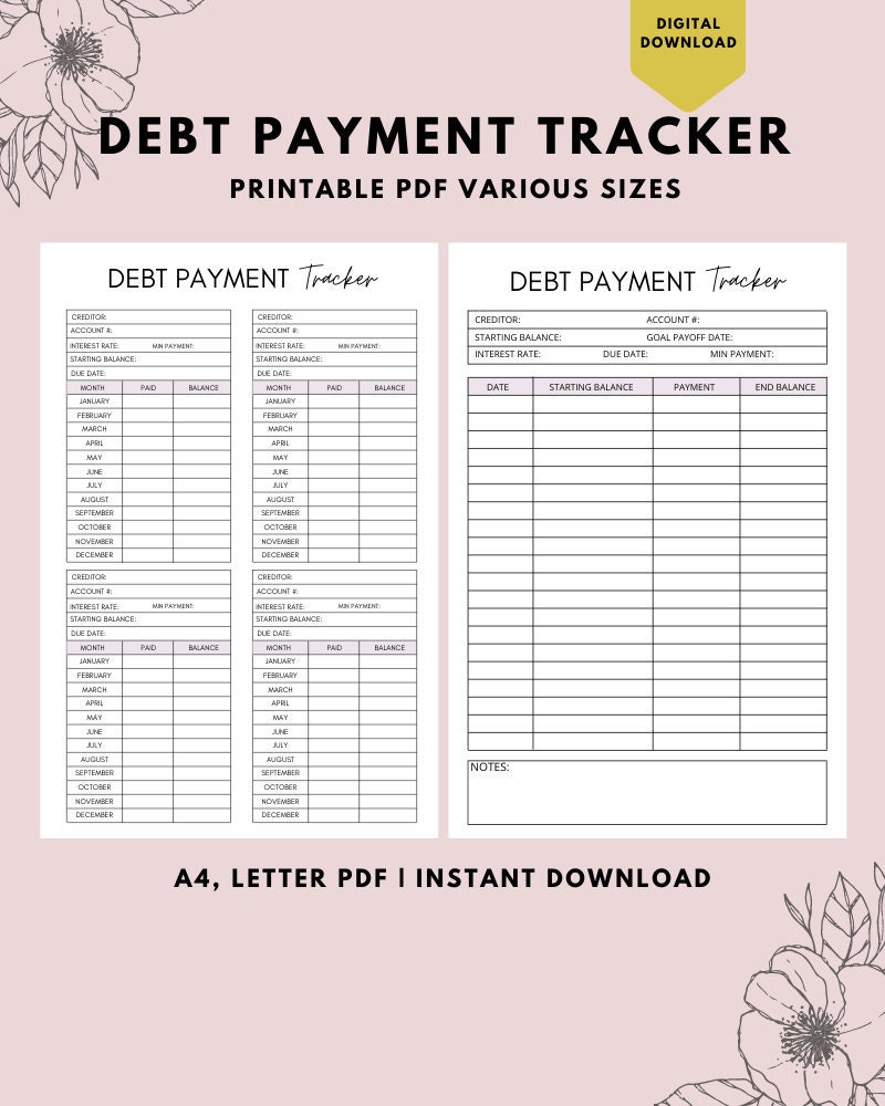 Debt Payment Tracker Printable Debt Tracker Printable Debt Etsy