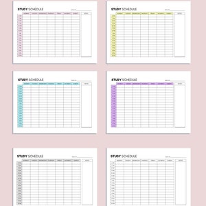 May include: Six printable study schedule templates in different colours: white, yellow, light blue, purple, pink, and light green. Each template has a column for each day of the week, starting with Monday, and a notes section.