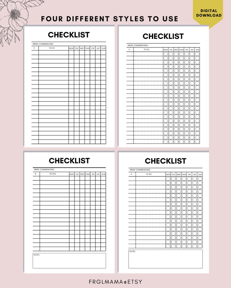 Weekly Checklist Printable: To-do List Planner (letter/a4) (instant ...