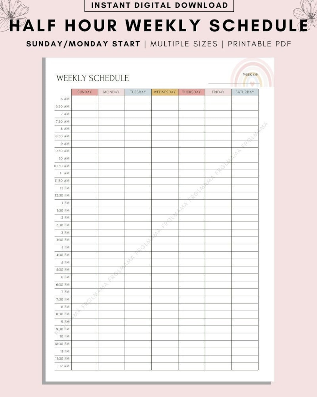 rainbow-half-hour-weekly-schedule-weekly-planner-printable-weekly-to-do-list-weekly-agenda-sunday-monday-start-6am-to-midnight-week-etsy