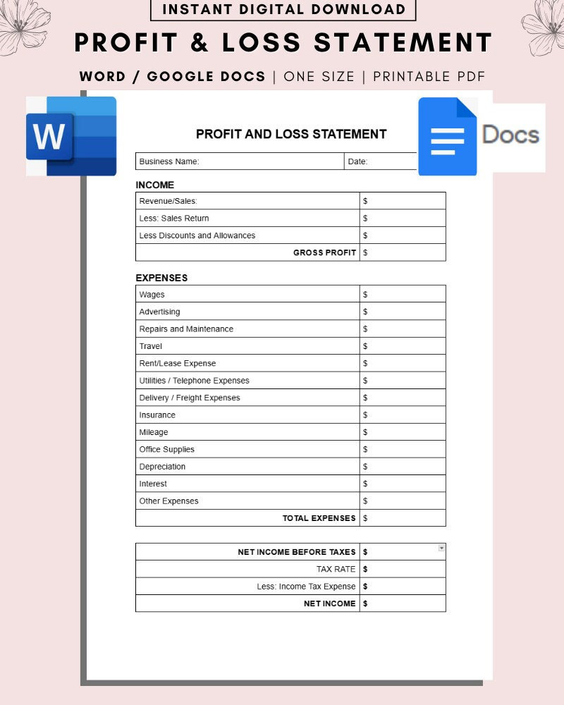 profit and loss statement template, expense report, income