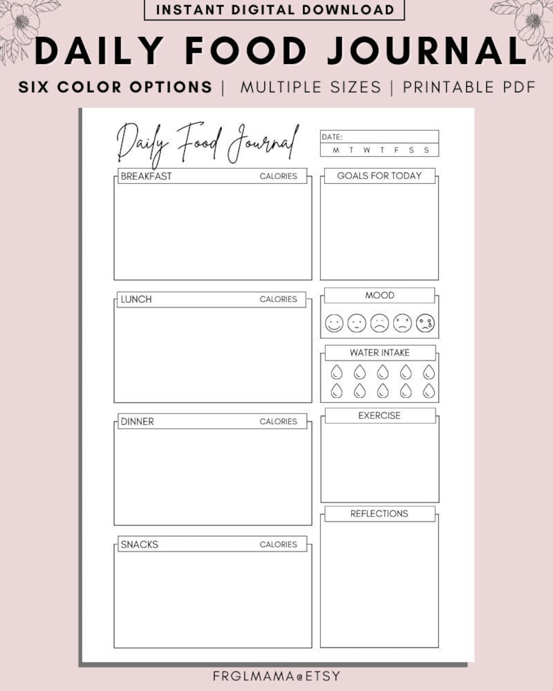 Undated Daily Food Journal, A4 A5 Printable Daily Food