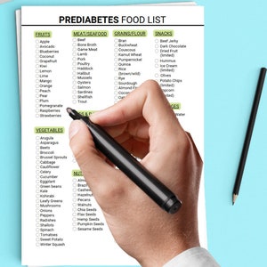 May include: A printable prediabetes food list with checkboxes for fruits, vegetables, meat and seafood, grains and flour, and snacks. The list is organized into categories with a hand holding a black marker over the list.
