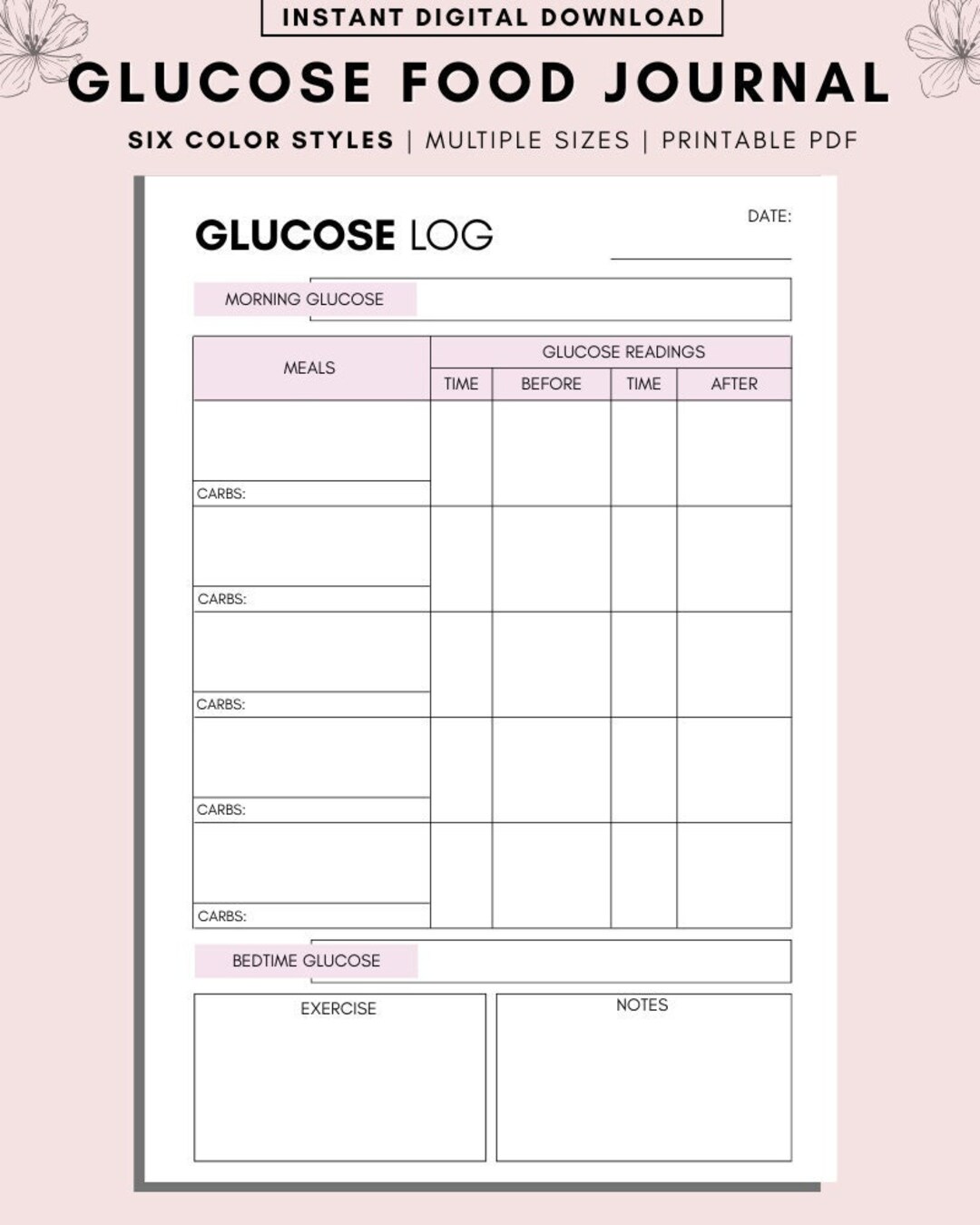 Daily Glucose Log &amp; Food Diary Printable, Printable Daily Food Journal ...