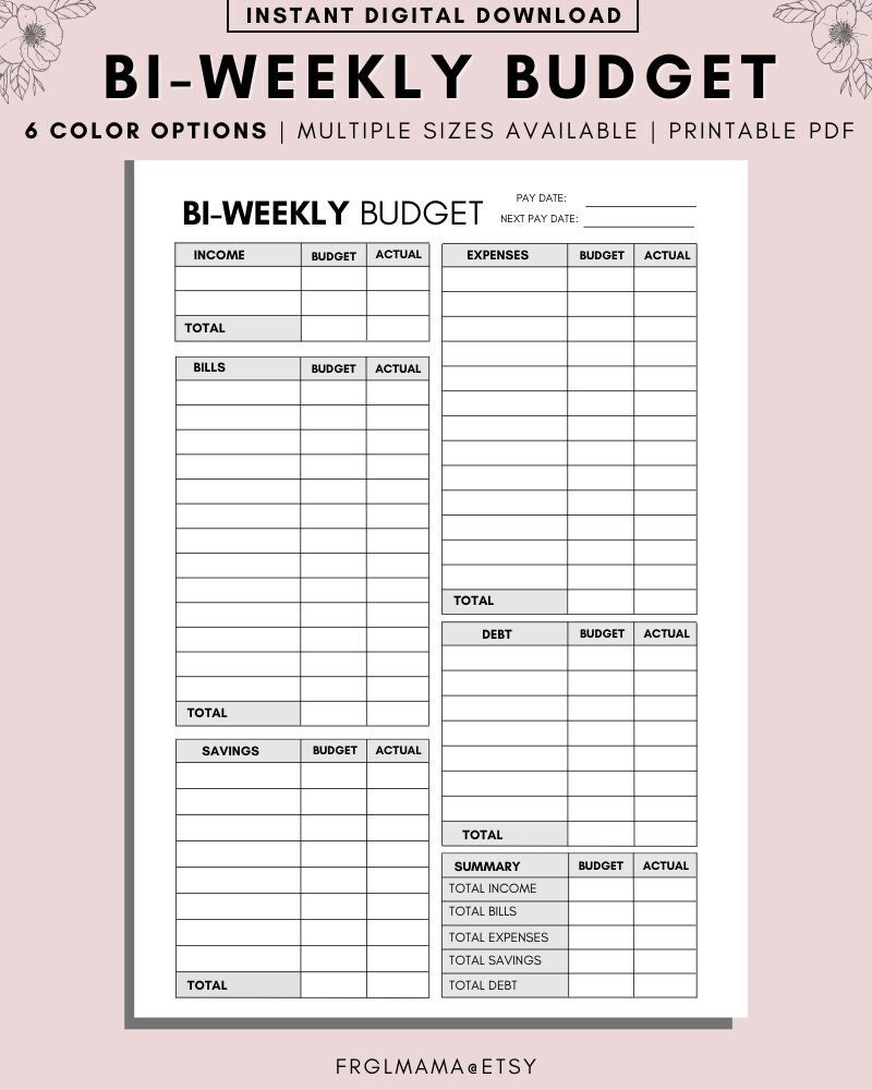 BI WEEKLY Budget Overview Template Printable Paycheck Budget Etsy