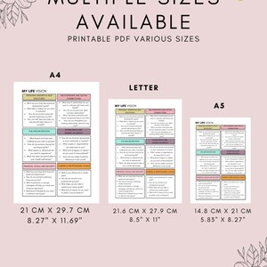 May include: Printable PDF worksheet in pink and white with the title "My Life Vision" and categories for personal growth, relationships, fun and recreation, making an impact, financial goals, and career goals. The worksheet is available in three sizes: A4 (21 cm x 29.7 cm or 8.27 inches x 11.69 inches), Letter (21.6 cm x 27.9 cm or 8.5 inches x 11 inches), and A5 (14.8 cm x 21 cm or 5.83 inches x 8.27 inches).