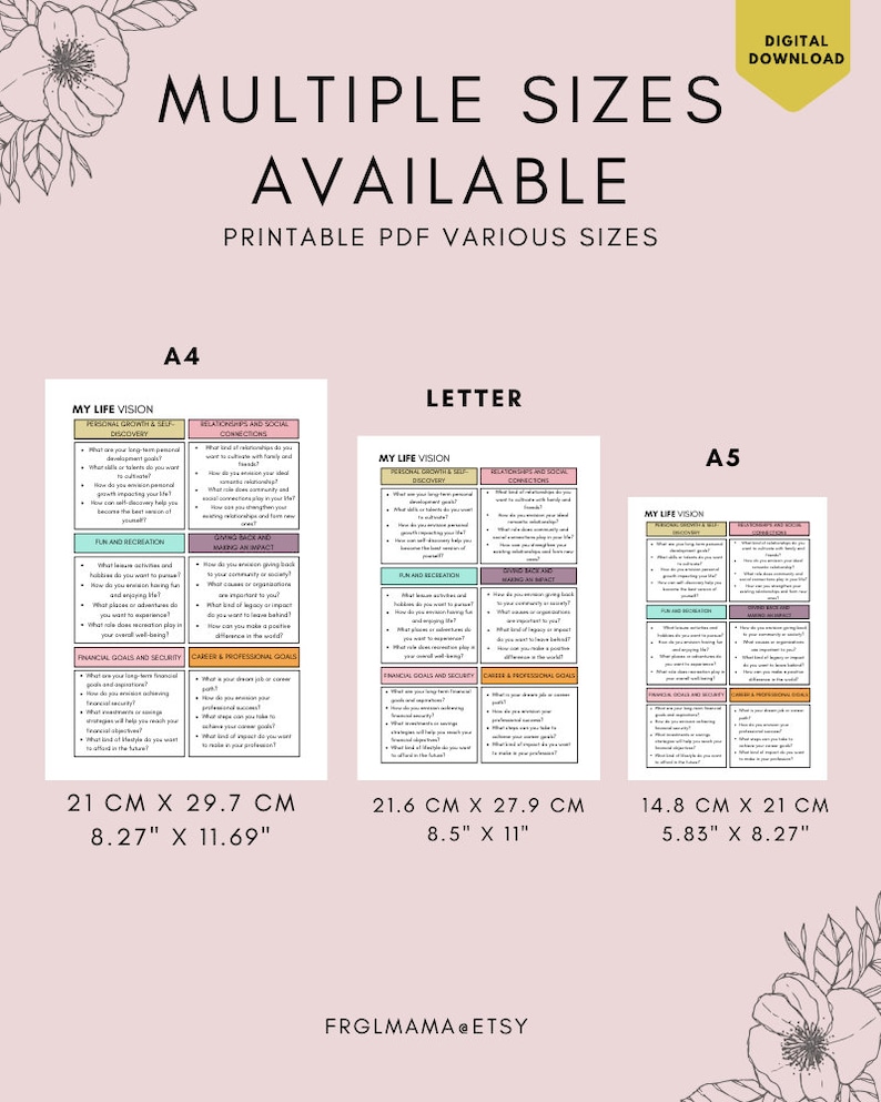May include: Printable PDF worksheet in pink and white with the title "My Life Vision" and categories for personal growth, relationships, fun and recreation, making an impact, financial goals, and career goals. The worksheet is available in three sizes: A4 (21 cm x 29.7 cm or 8.27 inches x 11.69 inches), Letter (21.6 cm x 27.9 cm or 8.5 inches x 11 inches), and A5 (14.8 cm x 21 cm or 5.83 inches x 8.27 inches).