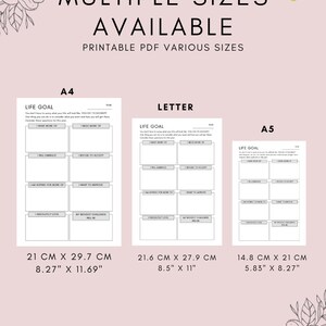 May include: Printable life goal worksheet in three different sizes: A4 (8.27" x 11.69"), Letter (8.5" x 11"), and A5 (5.83" x 8.27"). The worksheet is divided into sections with prompts for reflection and goal setting.