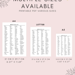 May include: Printable keto food list in three different sizes: A4 (8.27" x 11.69"), Letter (8.5" x 11"), and A5 (5.83" x 8.27"). The list includes categories for meats, seafood, fats & oils, flours, vegetables, dairy, and more.