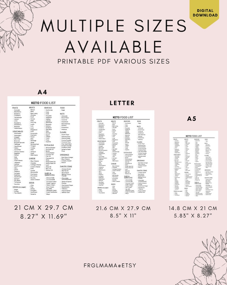 May include: Printable keto food list in three different sizes: A4 (8.27" x 11.69"), Letter (8.5" x 11"), and A5 (5.83" x 8.27"). The list includes categories for meats, seafood, fats & oils, flours, vegetables, dairy, and more.