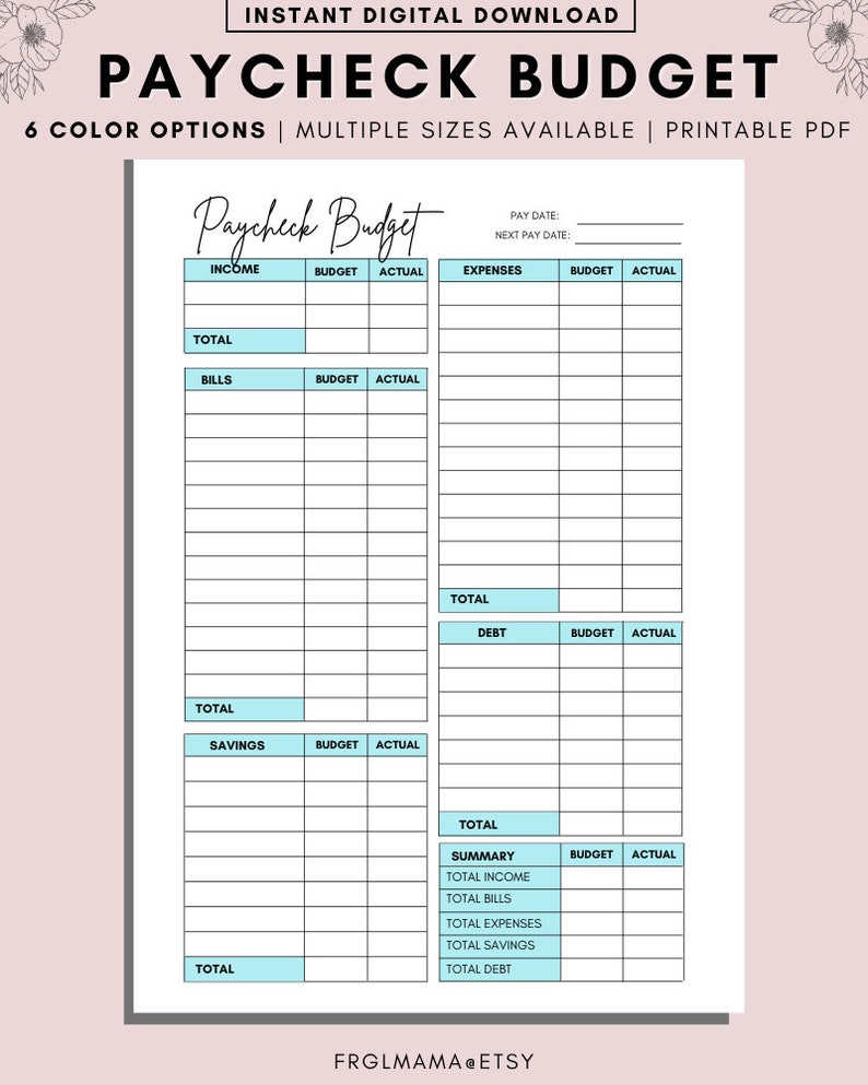 Paycheck Budget Overview Template Printable Paycheck Budget Etsy