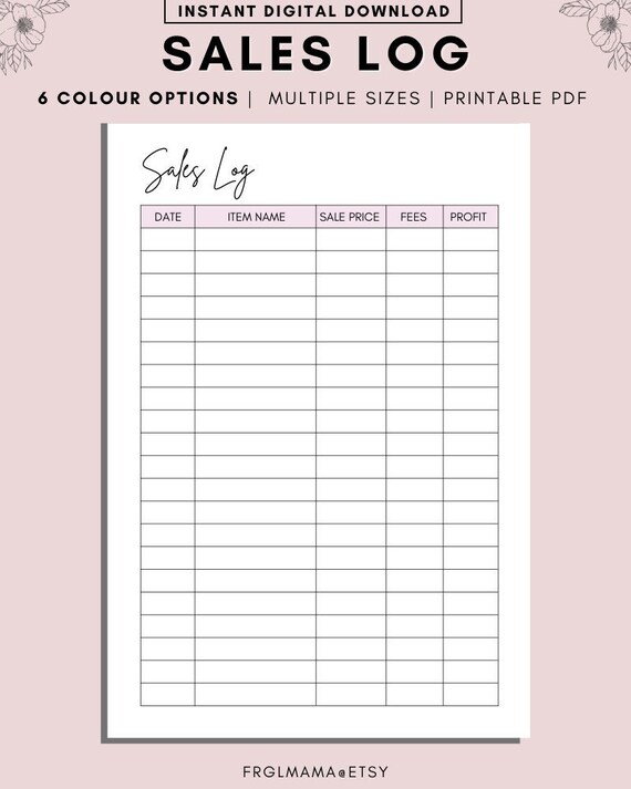 Sales Log Printable Sale Profits Tracker Sale Recorder | Etsy