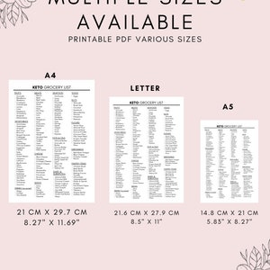 May include: Printable keto grocery list in three different sizes: A4 (8.27" x 11.69"), Letter (8.5" x 11"), and A5 (5.83" x 8.27"). The list includes categories for fruits, vegetables, meats, seafood, eggs, nuts, seeds, fats & oils, dairy & pantry, and other.