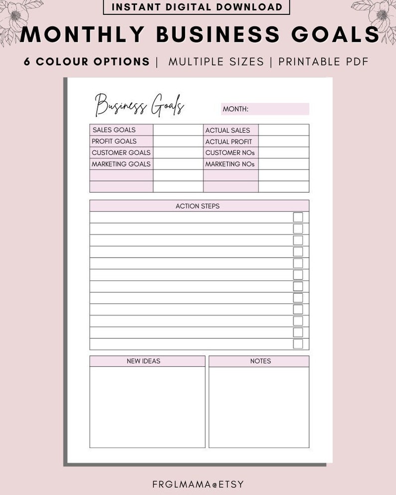 Monthly Business Goals Printable: Small Business Goal Worksheet (A4 A5 PDF) image 1