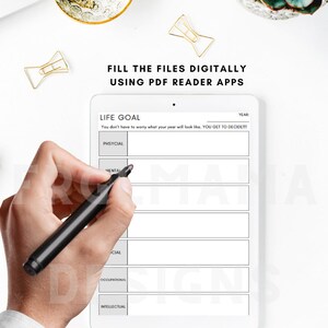 May include: A white printable worksheet with the title "Life Goal" and a section for listing goals in different categories: Physical, Mental, Social, Occupational, and Intellectual. The worksheet also includes a space for the year.