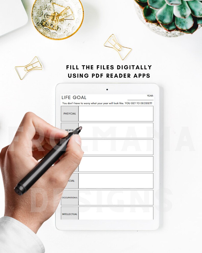 May include: A white printable worksheet with the title "Life Goal" and a section for listing goals in different categories: Physical, Mental, Social, Occupational, and Intellectual. The worksheet also includes a space for the year.