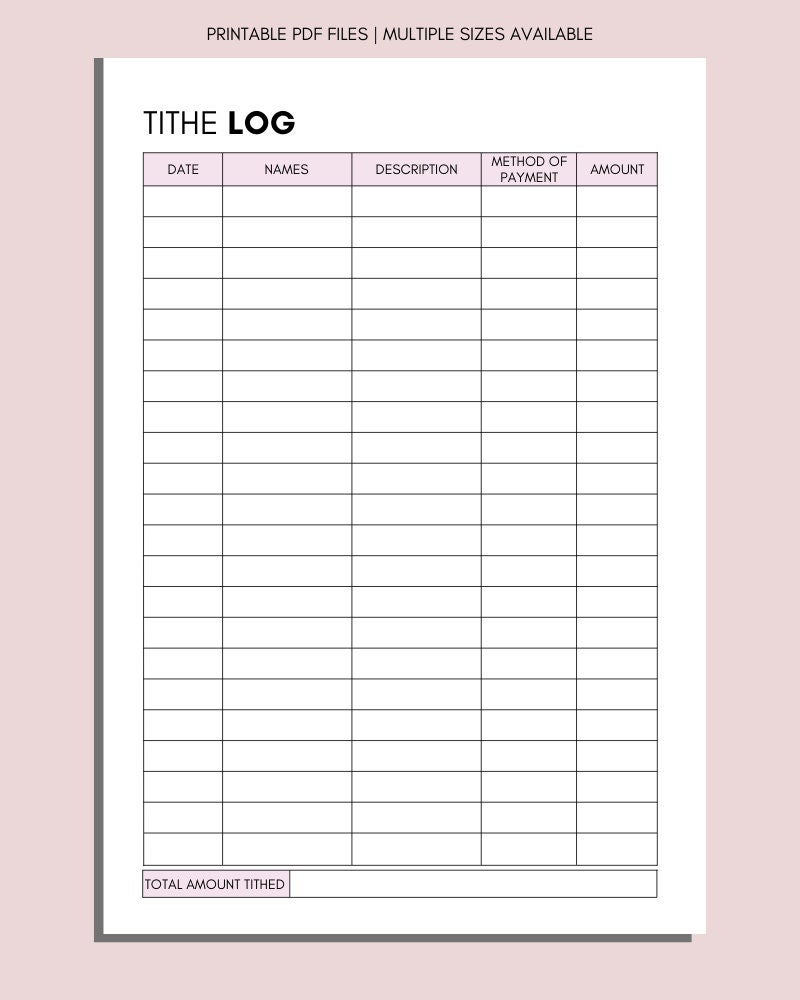 Printable Tithe Record: One-page Donation Log (A4, A5, Letter PDF) - Etsy