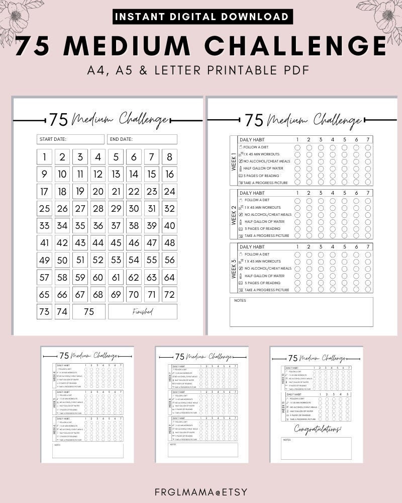 75 Medium Challenge Tracker 75 Day Challenge Printable Etsy